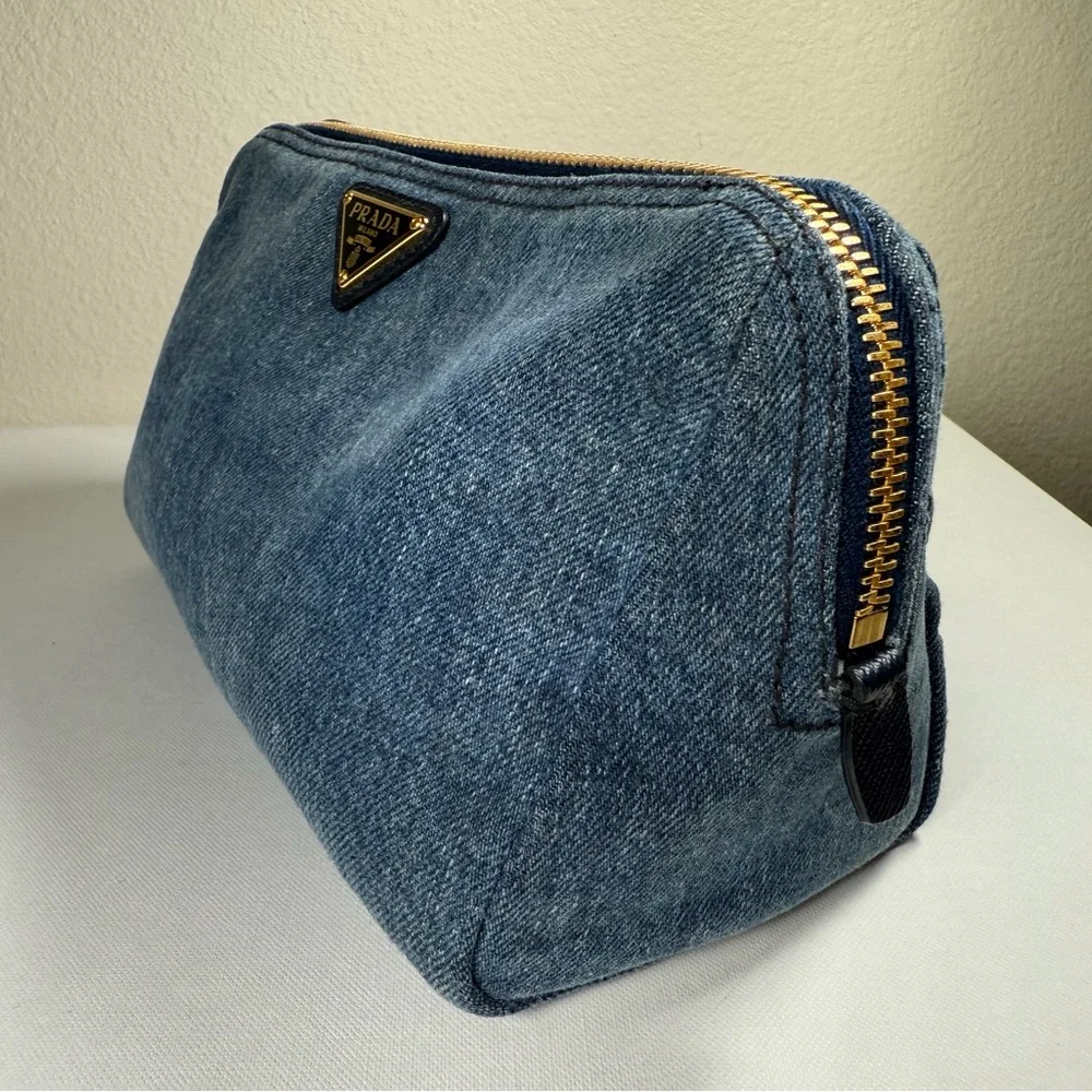Prada Blue Denim Triangle Logo Pouch with Gold Hardware - Picture 1 of 16